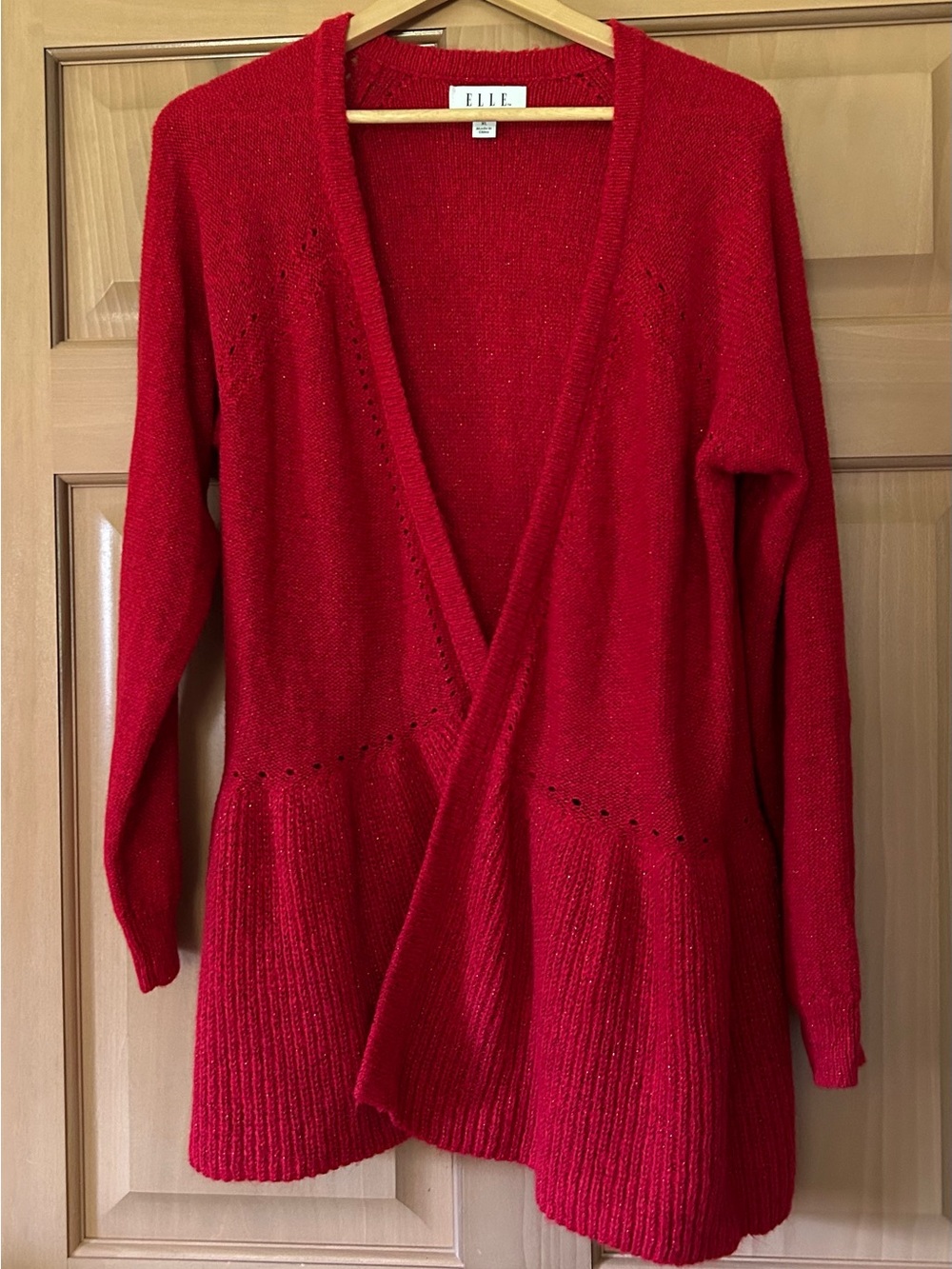 Elle Red Sparkle Knit Peplum Open Front Cardigan Sweater Lurex Size XL